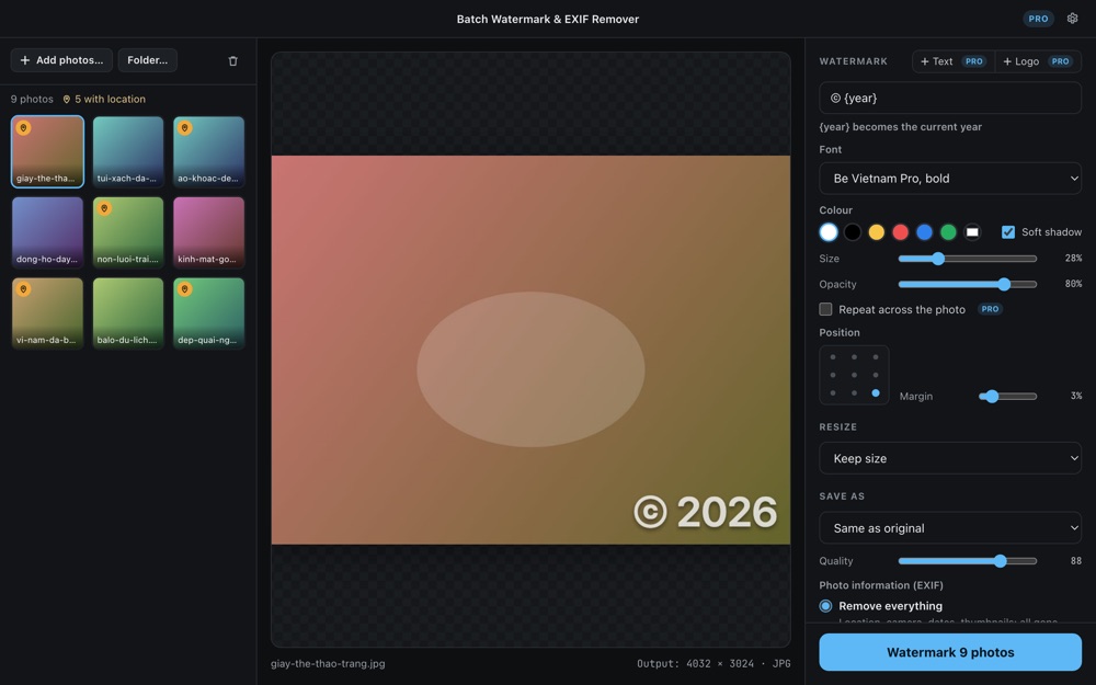 A watermark previewed on a product photo, exactly as it will be saved